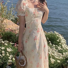 LIZAKOSHT  -  Summer Elegant Puff Sleeve France Dress Female High Waist Slim Floral Print Holiday Midi Dress Women One Piece Beach Dress