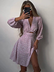 LIZAKOSHT  -  V-Neck Printed Mini Dress For Women Summer 2023 Fashion Hollow Out Elegant Long Sleeve Dress Outfits Patchwork Slin Dress