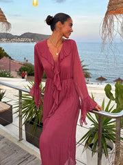 LIZAKOSHT Ruffles V Neck Women Autumn Dress Long Sleeve Chiffon Maxi Dress Vestidos Party New Winter Holiday Long Beach Dress