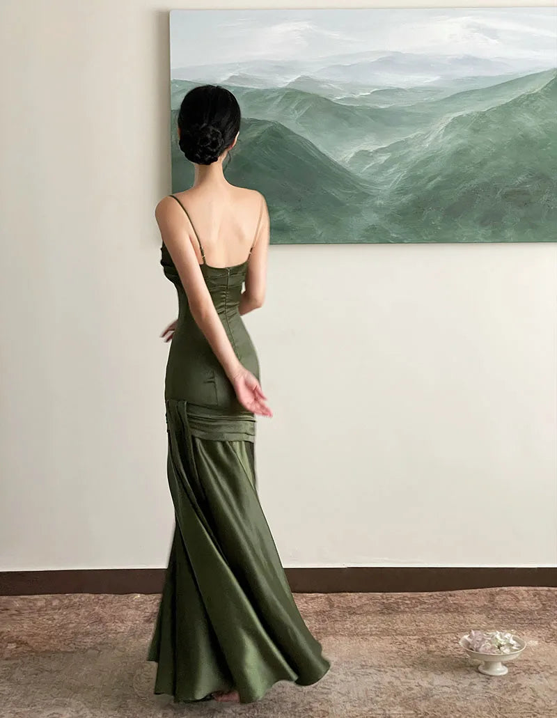 LIZAKOSHT -  Elegant Emerald Green Irregular Patchwork Evening Party Dress High Waist Spaghetti Strap Pleated Hem Prom Gown For Women