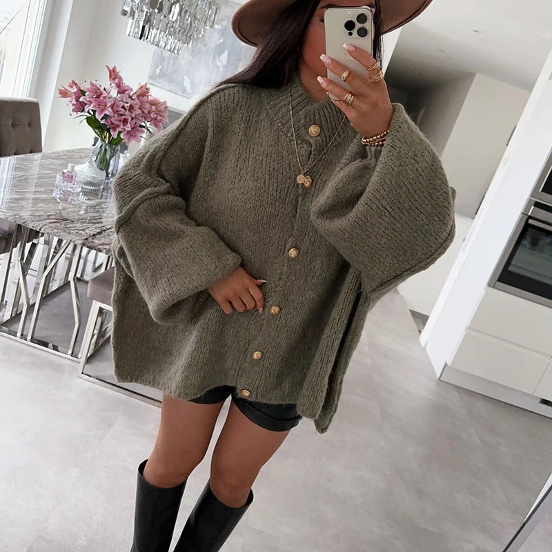 LIZAKOSHT  -  Ladies O Neck Single Breasted Loose Sweater Elegant Batwing Sleeves Solid Color Knitted Coat New Casual Streetwear Warm Cardigan