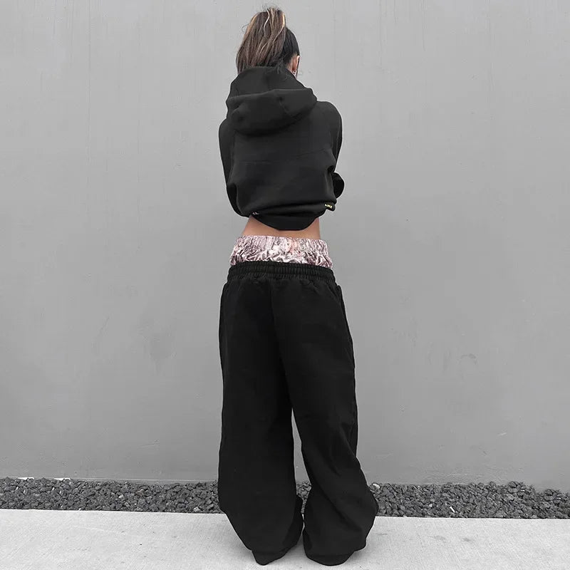 LIZAKOSHT  -  Fashion Women Double Waist Straight Pants Printed Patchwork Waist Drawstring Sweatpants Loose Casual Trousers Streetwear