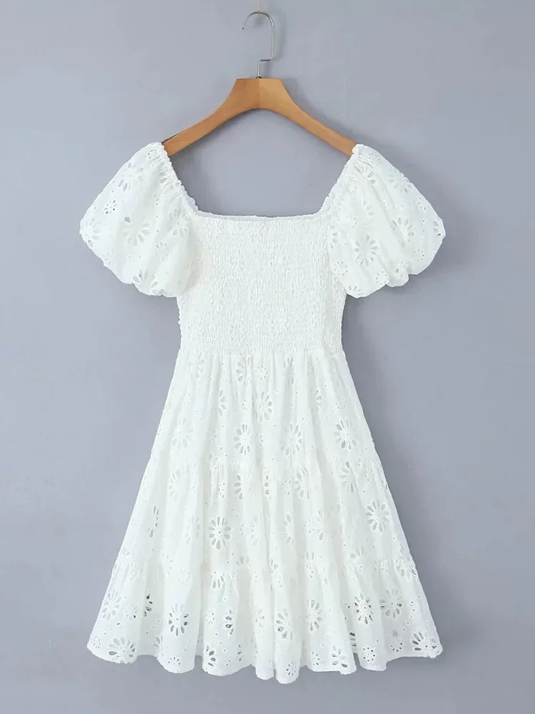 Lizakosht Puff Sleeve Cotton White Lace Dress Women Summer 2024 Square Collar Vintage Beach Short Dress Petite Flower Embriodery  Dress