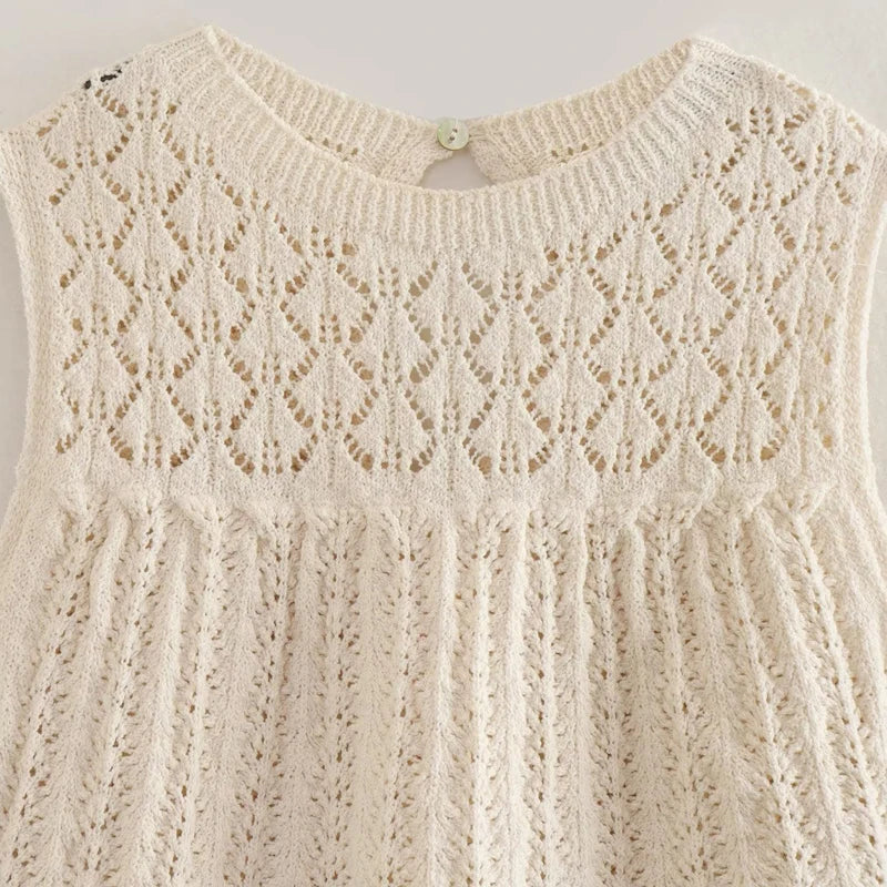 LIZAKOSHT  -  Boho Beach Crochet Knit Lace Dress Sets for Women Vintage Casual Sleeveless O-neck Tops Ruffles Mini Skirts Suit Dresses