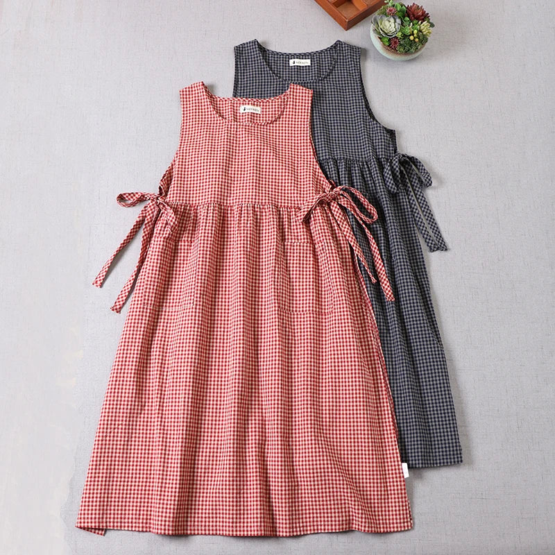 LIZAKOSHT  -  Summer Mori Girl Literary Artistic Vest Dress Cotton Linen Plaid Cover Strapless Sleeveless One-Piece Long Skirt