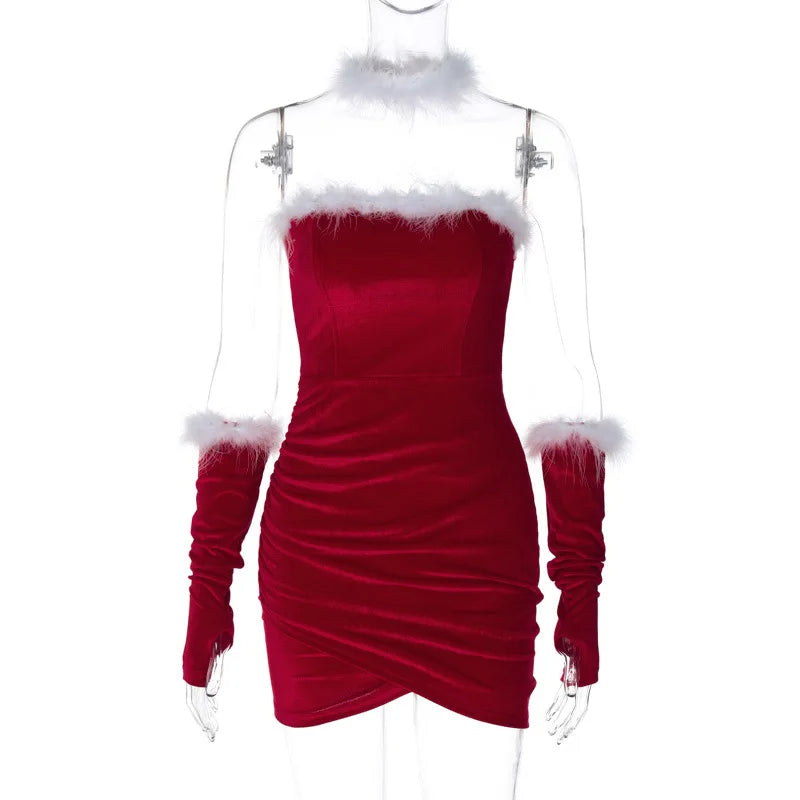 LIZAKOSHT  -  Red Velvet Christmas Dress Lady Party Bodycon Evening Elegant Dresses Women Luxury Mini Pleated Sexy Tube Dress With Glooves