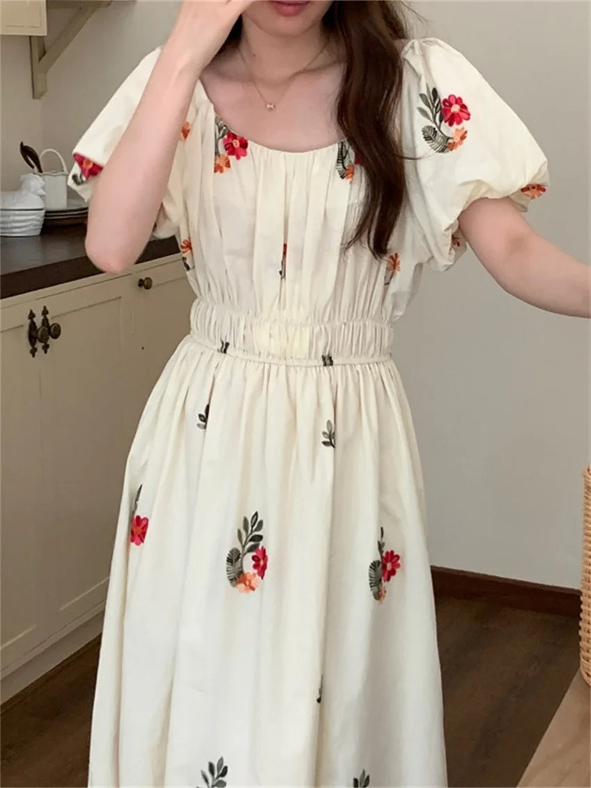 LIZAKOSHT  -  Beige Women Long Dress Florals Embroidery Fashion Summer Holiday Puff Sleeve Princess Sweet Chic Elegant Daily