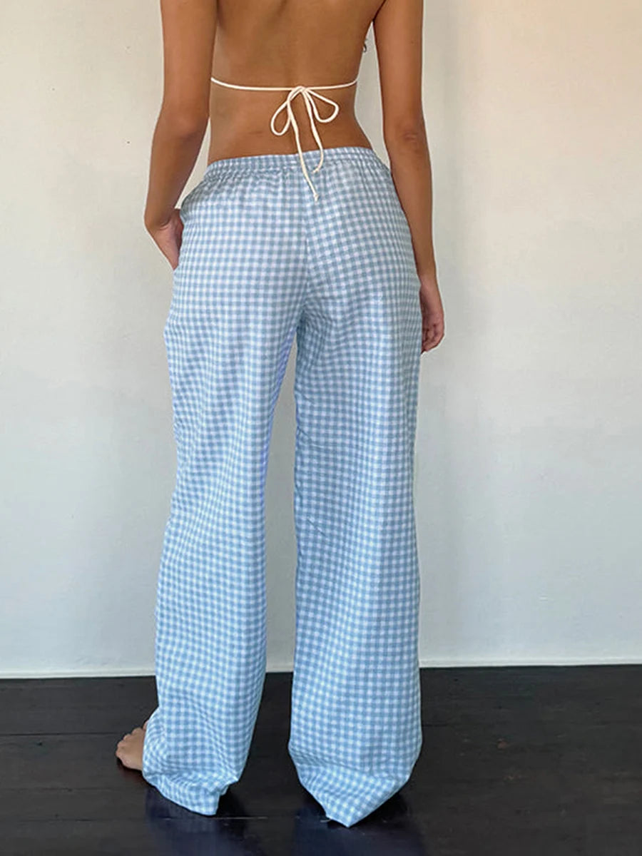 LIZAKOSHT  -  Women Casual Wide Leg Pants Drawstring Elastic Waist Plaid Print/Solid Color Pockets Long Pants Cozy Spring Fall Lounge Trousers