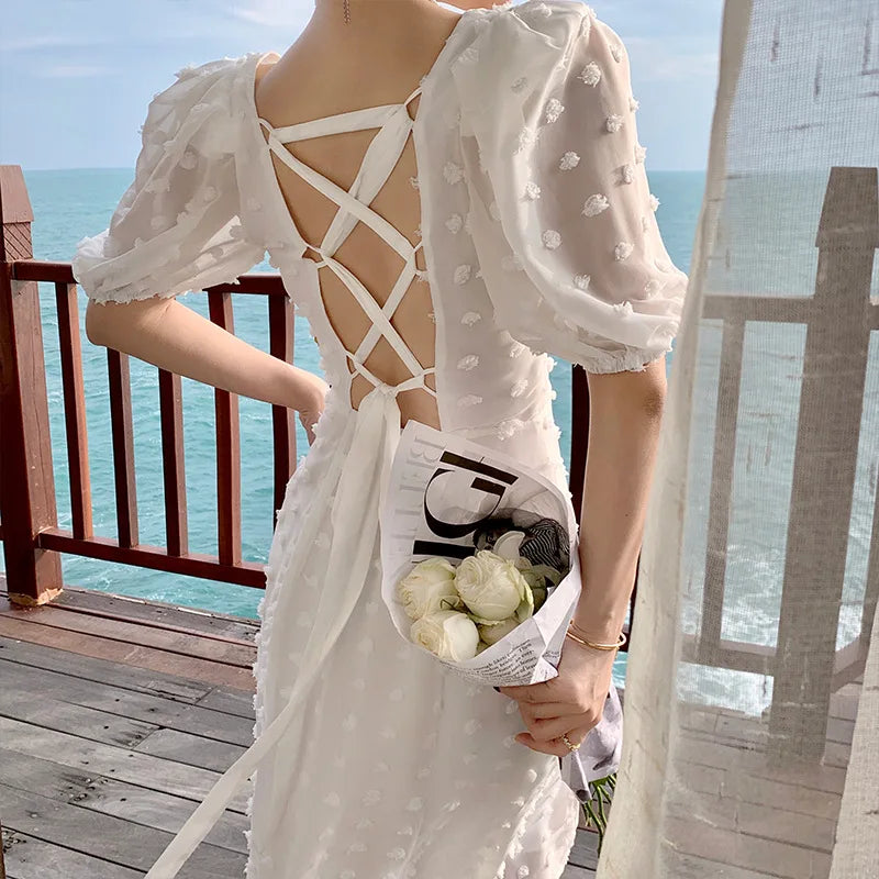 LIZAKOSHT  -  Women Summer White Backless Square Collar Dress Female Puff Sleeve Split Beach Dress Vestidos Simple Party Dress