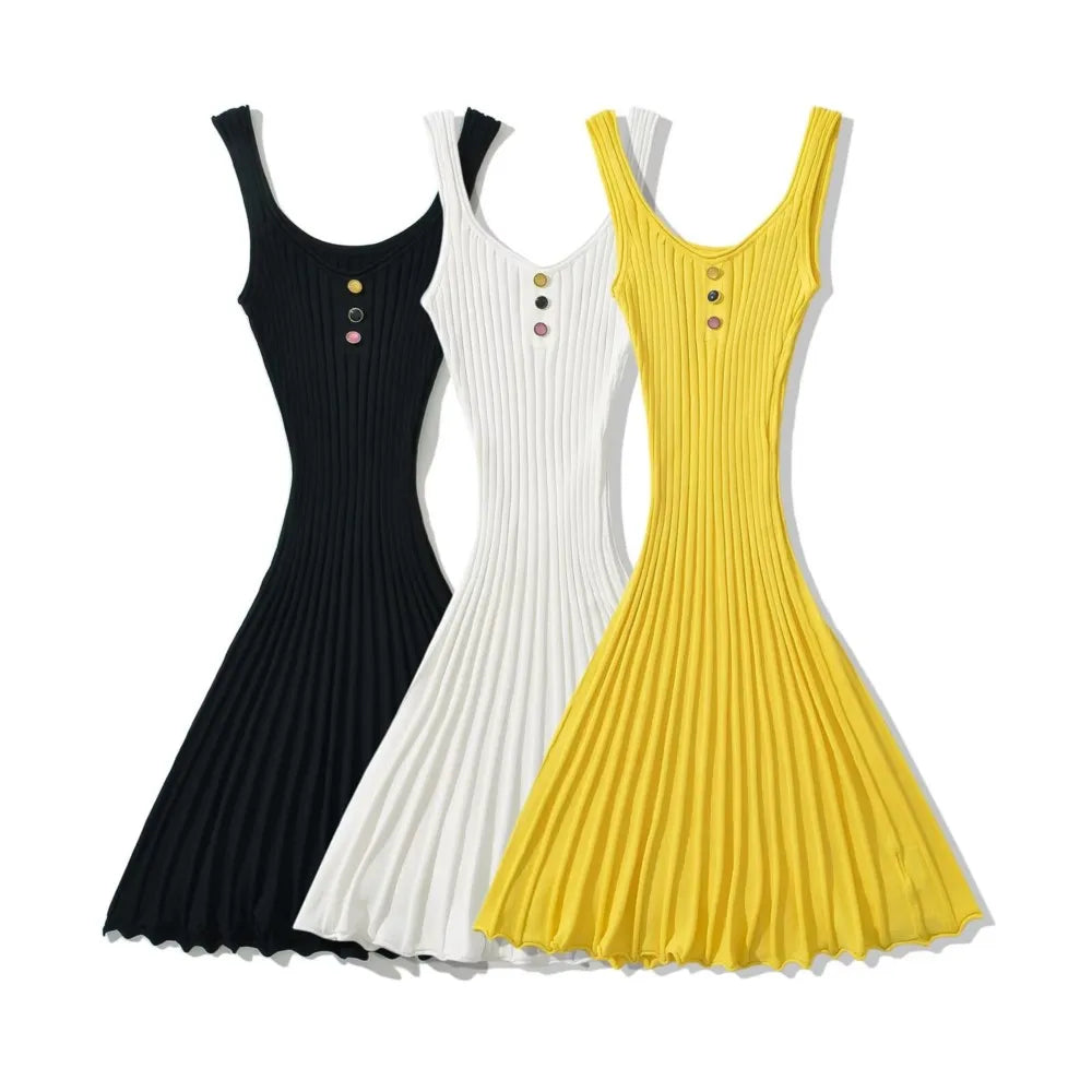 LIZAKOSHT  -  4 COLORS Sexy U collar Sleeveless Rib Knitting Dress Women Skinny Slim Fit Hem Pleated A-lined Short Tank Robe Pink Yellow Black