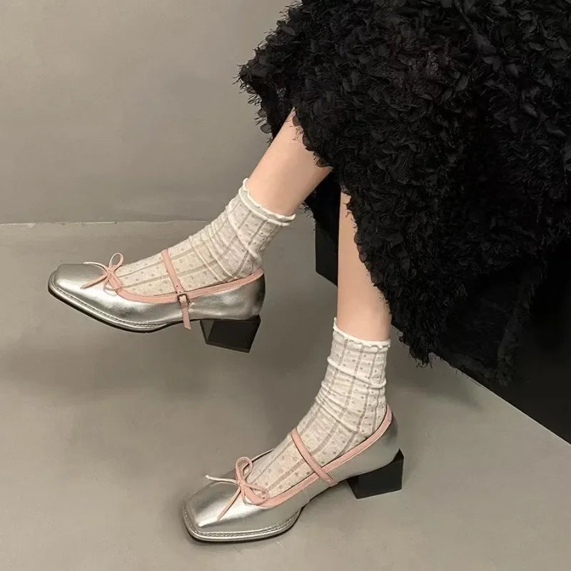 LIZAKOSHT  -  New Sweet Bow Mid Heel Women's Shoes Square Head Shallow Mouth Single Shoes Ladies Fashion High Heel Female Shoes