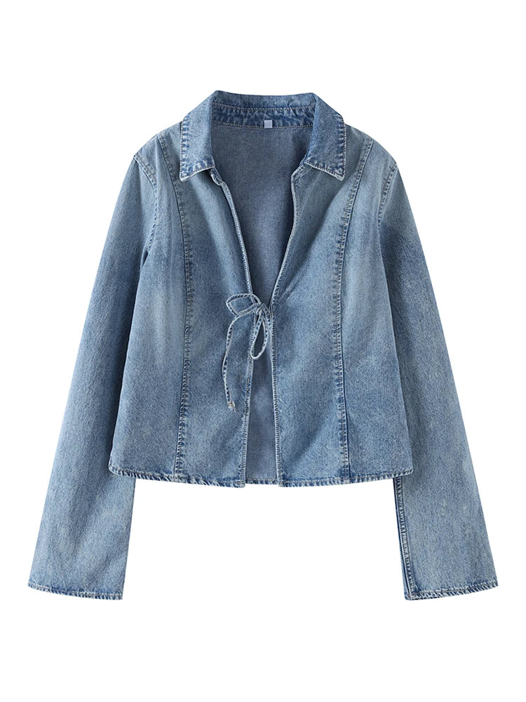 LIZAKOSHT  -  Women's Denim Jacket Lace Up Tight Fitting Female Denim Top New Fashion Casual Women Coat Summer Autumn Simple Outerwears