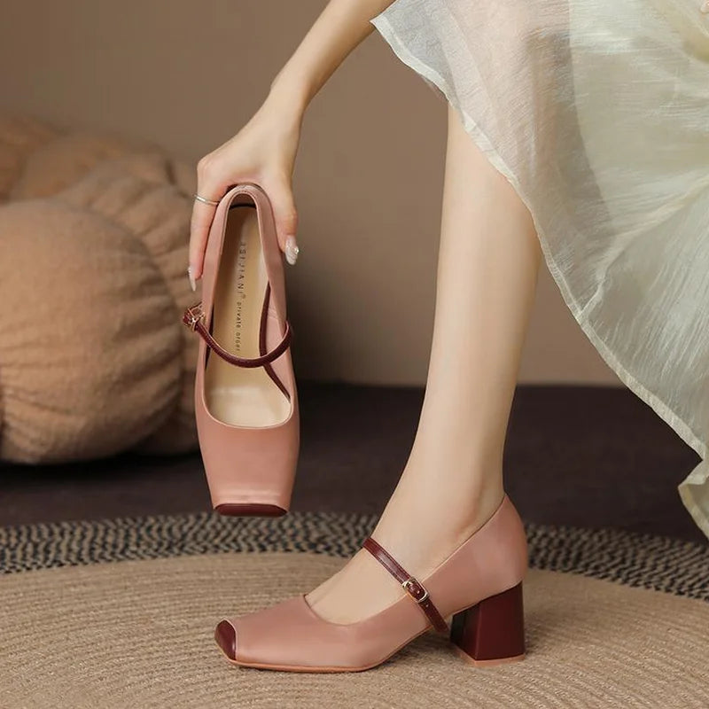 LIZAKOSHT  -  Square Toe High Heels,Women Pumps,Spring Office Work Shoes,Shallow Out,Front Buckle Strap,Grey,Pink,34-39,