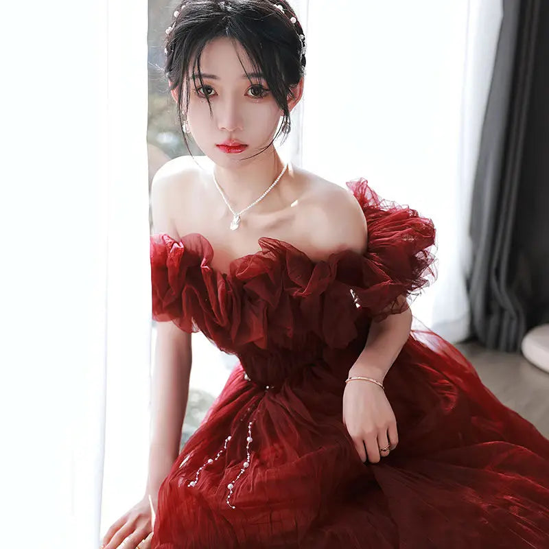 A Word Shoulder Fairy Red Boat Neck Evening Dresses Elegant Slim Waist Long Temperament Prom Robe Niche Wedding Party Dress