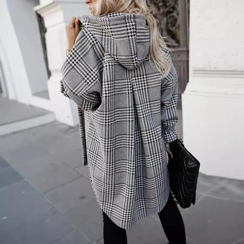 LIZAKOSHT  -  Winter Fashion Thousand Bird Grid Hooded Coat Casual Streetwear Long Sleeve Cardigan Office Vintage Single Breasted Loose Jacket