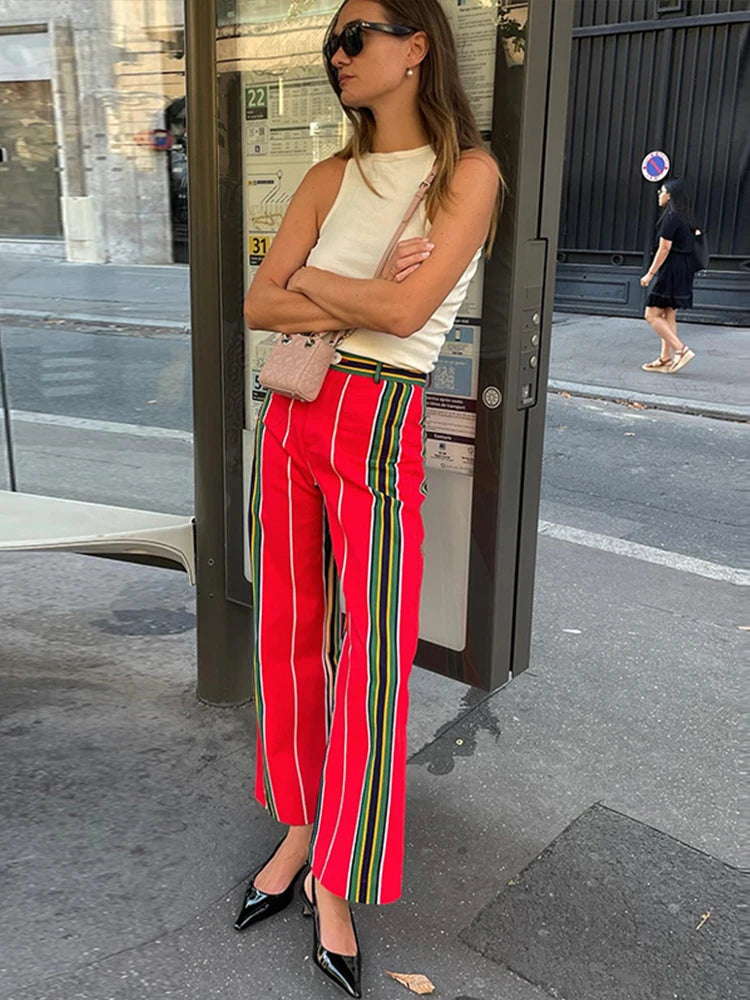 LIZAKOSHT  -  Fashion Striped Long Pants For Women  Autumn High Waist Zipped Pockets Straight Trouser Female Chic Street Wide Leg Pants