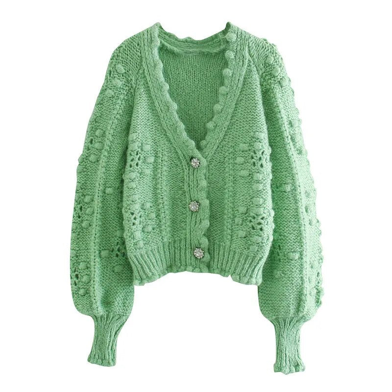 Lizakosht Pure Green Cardigan Button Polka Dot Hollow Texture Knitted Sweater Coat Winter Fashion Ladies Cardigan Top Women's Clothing