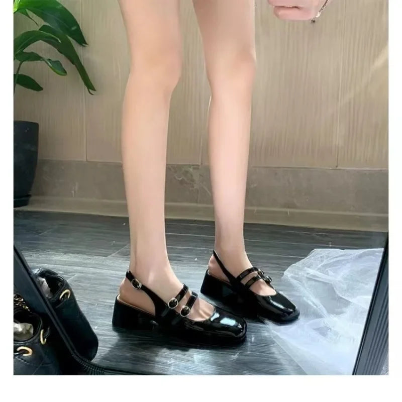 LIZAKOSHT  -  New Mary Jane Heels Women Pumps Chunky Strappy Sandals Black Square Toe Pumps Women High Heels Lolita Slingback Heels Cute Shoes