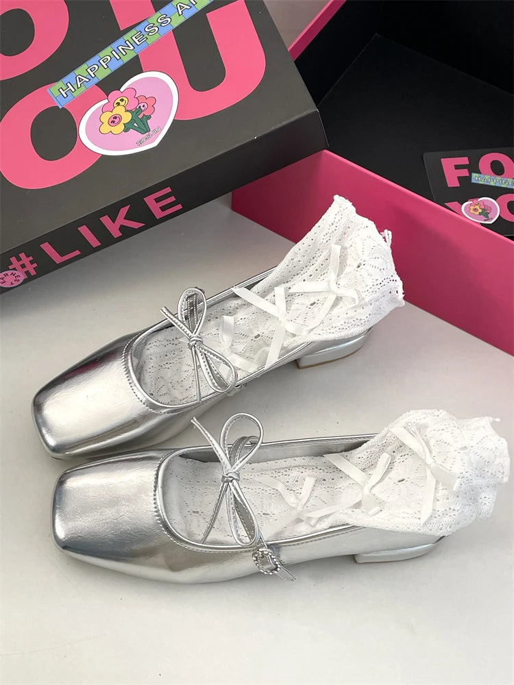 LIZAKOSHT Women's shoes with thick soles, French silver single shoes, versatile and gentle Mary Jane shoes