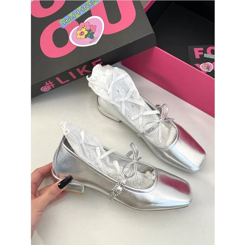 LIZAKOSHT Women's shoes with thick soles, French silver single shoes, versatile and gentle Mary Jane shoes