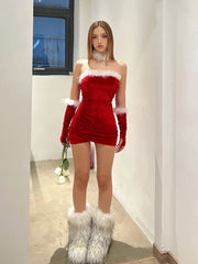 LIZAKOSHT  -  Red Velvet Christmas Dress Lady Party Bodycon Evening Elegant Dresses Women Luxury Mini Pleated Sexy Tube Dress With Glooves