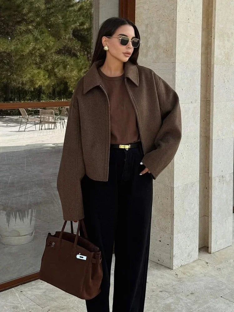 LIZAKOSHT  -  2025 Fashion Brown Zipper Woolen Jacket Women Elegant Lapel Long Sleeve Short Coats Female Vintage Autumn Lady Street Outerwear