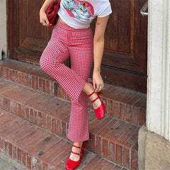 LIZAKOSHT  -  Plaid Flared Pants Women Summer Slim Fit Elastic High Waist Cropped Trousers Casual Sweatpants y2k Clothes Streetwear