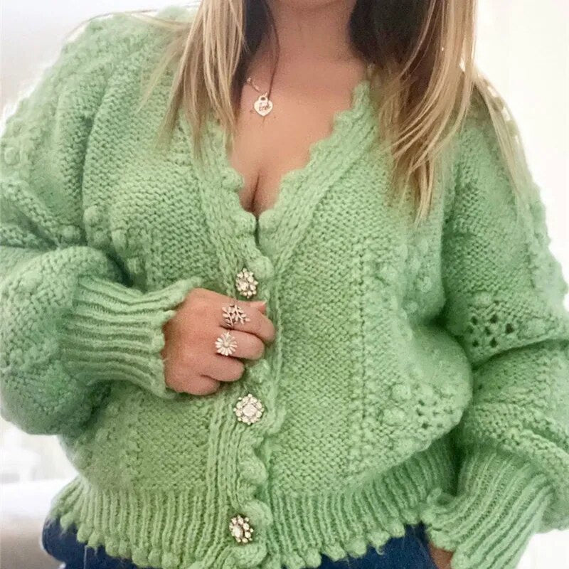 Lizakosht Pure Green Cardigan Button Polka Dot Hollow Texture Knitted Sweater Coat Winter Fashion Ladies Cardigan Top Women's Clothing