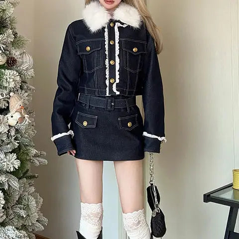 LIZAKOSHT  -  Hot Girl Short Skirt Two-Piece Suit Fur Collar Shiny Silk Dark Blue Imitation Denim Jacket Tight Hip Wrap Skirt Hot Girl