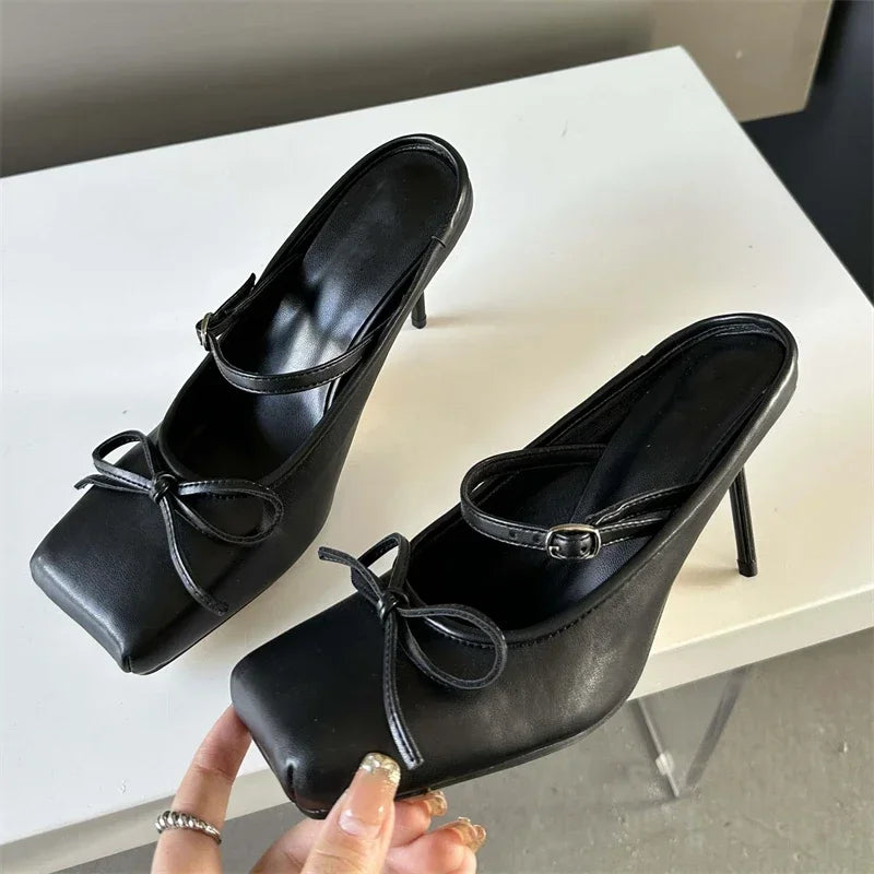 LIZAKOSHT  -  New Design Square Toe Mule Pumps Women Bow Heeled Ballet Shoes Buckle Strap Sexy Party Dress Shoes Thin High Heels Slipper Women