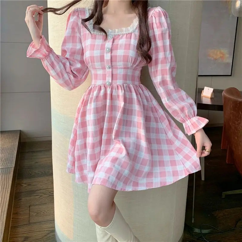 LIZAKOSHT  -  Dress Square Collar Lace Pink Plaid Beaded Bell Sleeve Autumn Women'S Japanese Mini Lolita Dress With Cute Kawaii Female Dress