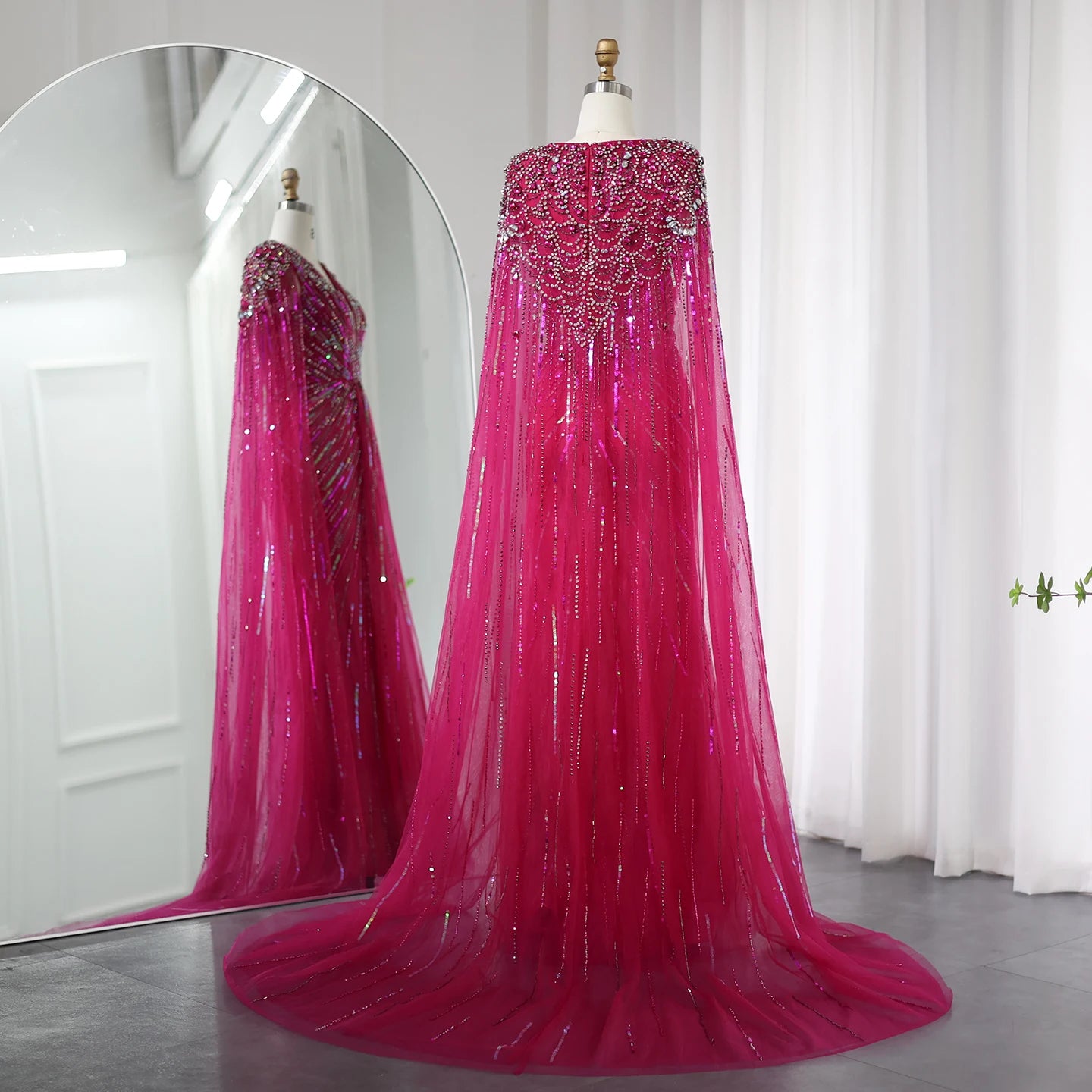 Luxury Dubai Sage Green Evening Dresses with Cape Fuchsia Crystal Gold Elegant Women Wedding Formal Party Gown