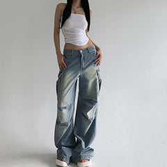 LIZAKOSHT  -  American Style Pleated Washed Parachute Jeans Women's High Waisted Loose Wide Leg Large Pocket Workwear Pants