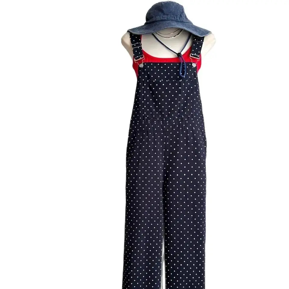 LIZAKOSHT  -  Overalls Polka Dots Korean Leisure Fashion Sleeveless Loose Jumpsuit Womens  Ladies Pockets Wide Leg Pants Long Trousers