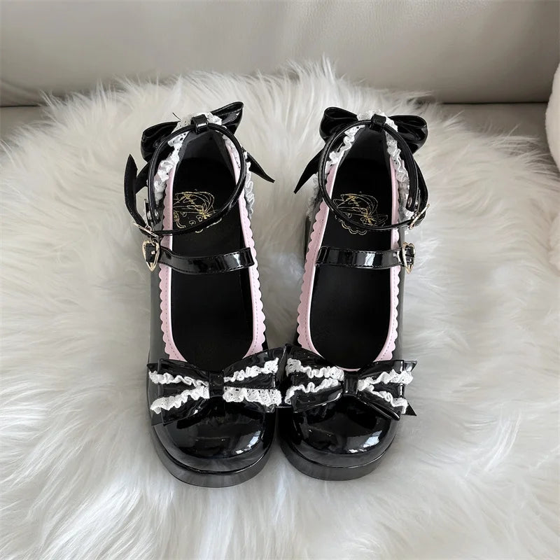 LIZAKOSHT  -  Lolita Lace Heart Knot Round Toe Shallow Mouth High Heels Cos Loli Elegant Student Shoes Japanese Girl Sweet Single Shoes