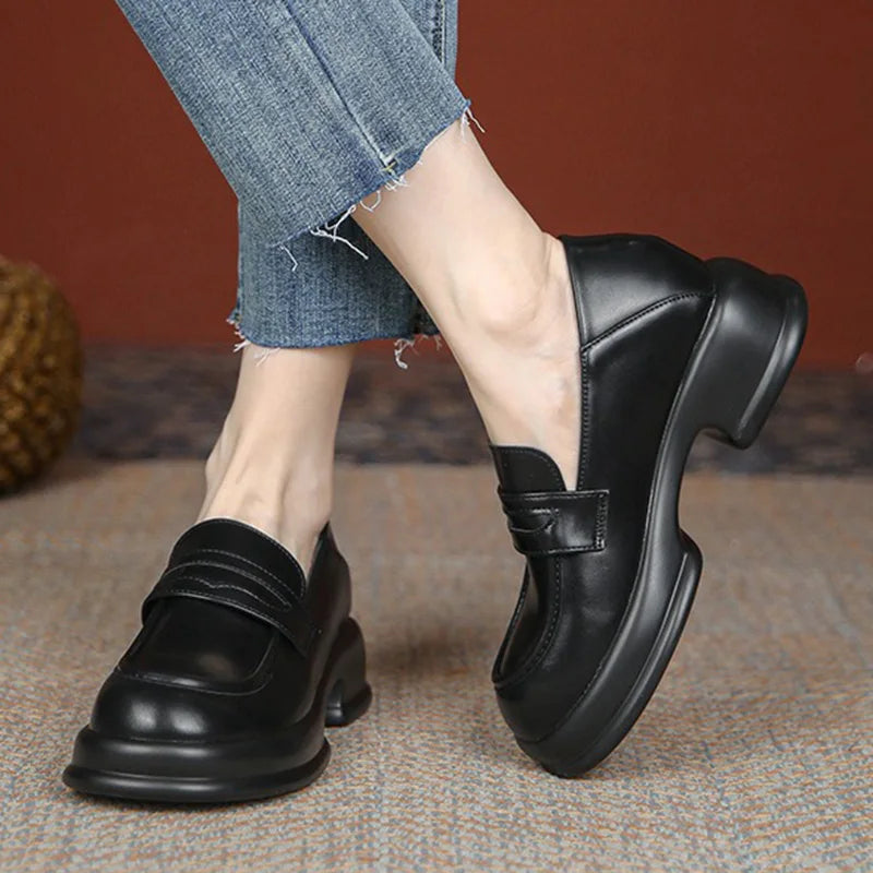 LIZAKOSHT  -  Women 5cm High Heels Classic British Style Pumps Female Retro Round Toe Square High Heels Lady Soft Leather Outside Loafers