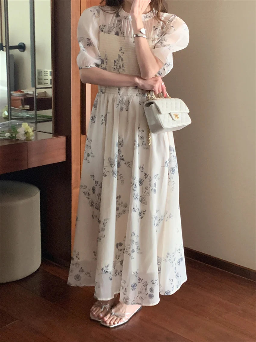 LIZAKOSHT  -  Summer Maxi Dress Women Florals Chic Slim Short Sleeve Printed 2023 Gentle Fashion Work Wear Office Lady Daily New