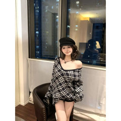 LIZAKOSHT  -  Autumn and Winter New Women's Korean Diamond Grid V-neck Off Shoulder Long Sleeved Sweater