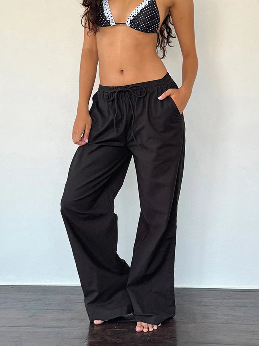 LIZAKOSHT  -  Women Casual Wide Leg Pants Drawstring Elastic Waist Plaid Print/Solid Color Pockets Long Pants Cozy Spring Fall Lounge Trousers