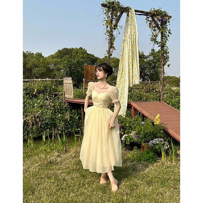 LIZAKOSHT  -  Women Elegant Puff Sleeve Summer Midi Dress Lady Square Collar Solid High Waist Fairy Party Dress Korean Holiday One Piece Dress