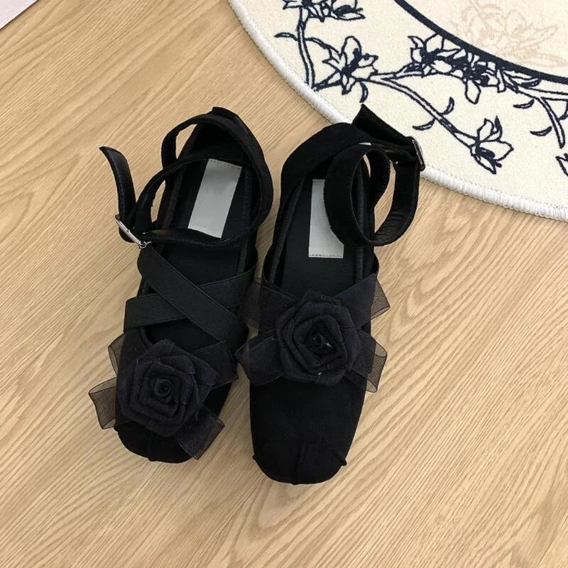 LIZAKOSHT  -  New Fashion Flower Square Toe Shallow Shoes Women Buckle Vintage Suede 2024 Autumn Women's Party Comfort Ballerinas Shoes