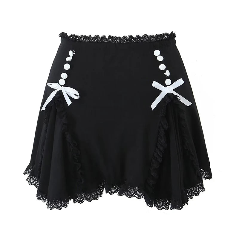 LIZAKOSHT  -  Sweet Women Lace Trim Bow A-line Mini Skirt Ladies Low Waist Summer Skirts With Underwear