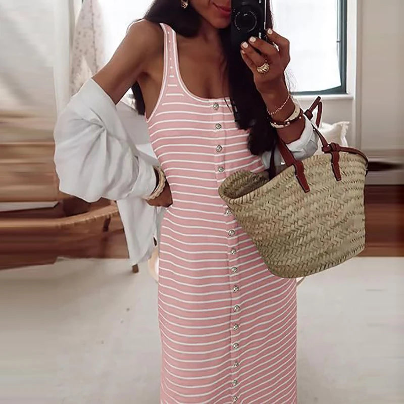 LIZAKOSHT  -  Lady Casual Striped Stitching Slim Dresses All Match  Sleeveless U-Neck Summer Long Dress Elegant Women Buttoned Beach Dress