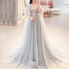 Dubai Luxury Silver Grey Evening Dresses with Feather Cape Shawl Arabic Women Wedding Party Formal Prom Dress