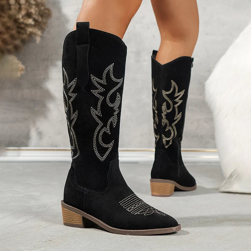 LIZAKOSHT  -  Retro Embroider Western Knee High Boots Women Autumn Pointed Toe Thick Heels Long Boots Woman Plus Size 43 Cowboy Botas