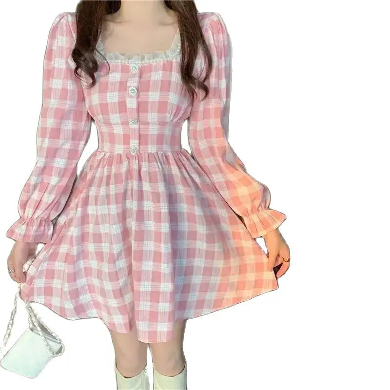 LIZAKOSHT  -  Dress Square Collar Lace Pink Plaid Beaded Bell Sleeve Autumn Women'S Japanese Mini Lolita Dress With Cute Kawaii Female Dress