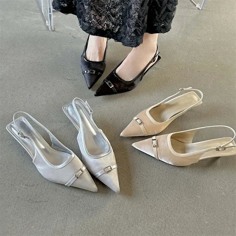 LIZAKOSHT Women Pumps Pointed Toe New Satins Slingback Sandals Ladies Buckle Fashion Design Silver Banquet Low Heels Mules Shoes for Women