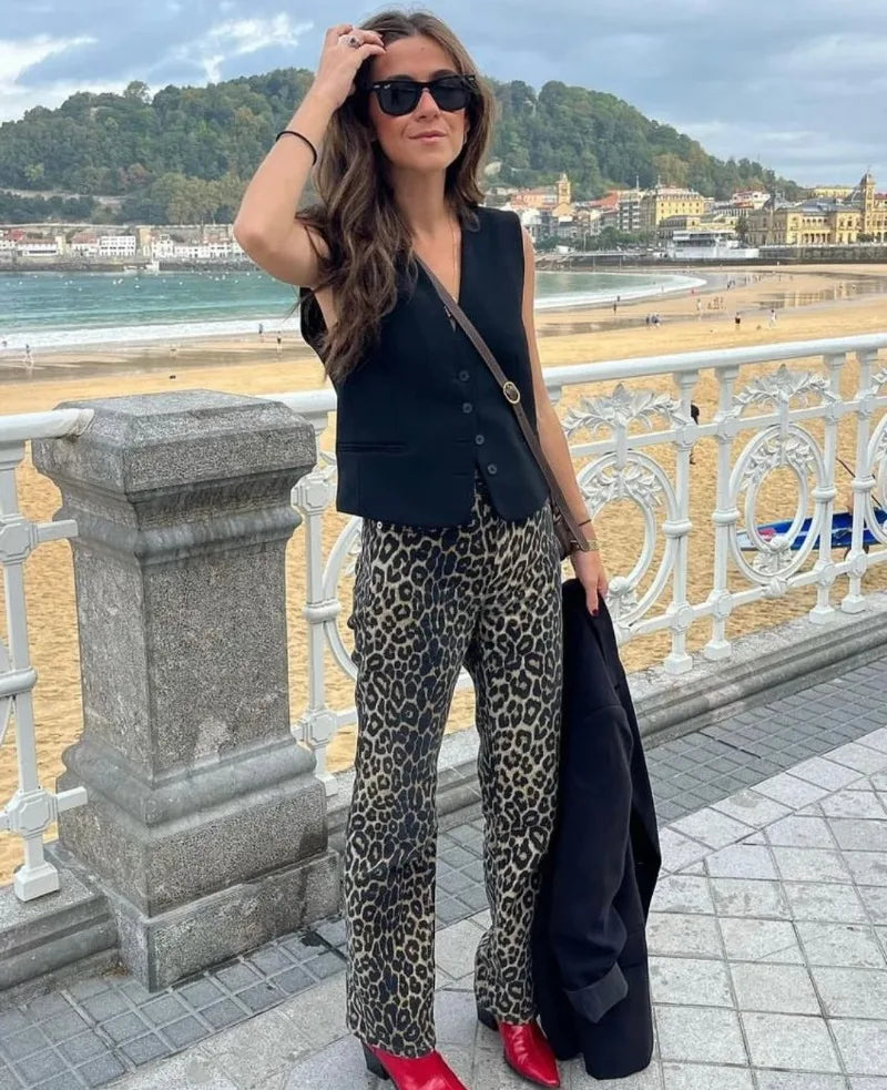 LIZAKOSHT  -  Leopard Chic Loose High Waist Straight Leg Jeans Women Clothing Y2k Fashion High Street Wide Leg Pants Retro Hot Girl Trousers