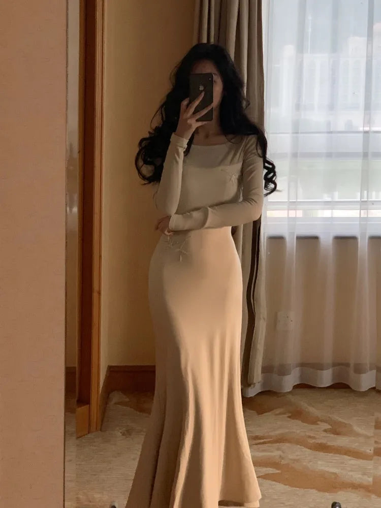 LIZAKOSHT  -  Elegant Solid Embroidery Long Dress Women Spring Autumn Package Hip Mermaid Knitted Vestidos Ladies Evening Party Robe New