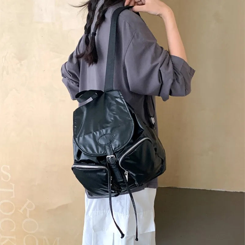 LIZAKOSHT  -  New Casual Silver Backpack Women Korean Flip Drawstring Large Capacity Backpacks Fashion Simple Travel College Student Bags